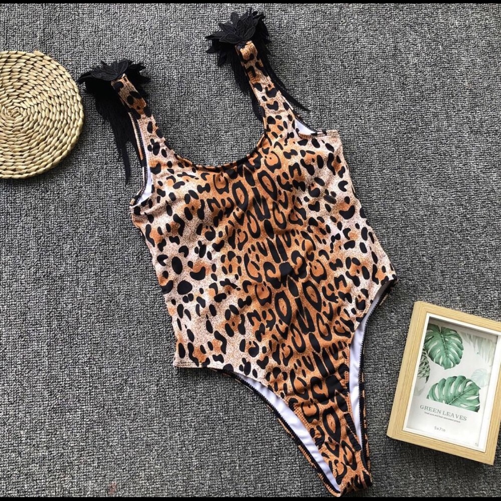 Leopard Print one-piece swim w/ angel wings